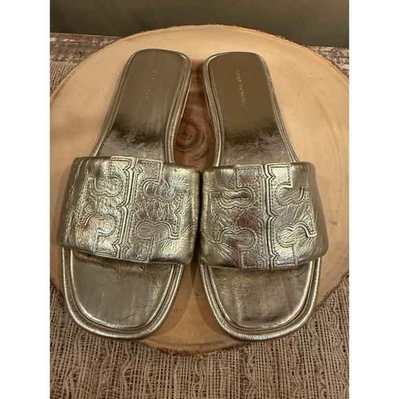 Tory Burch Shoes - Tory Burch Double T Sport Slide Leather Sandals Gold Spark Sz-9.5 298$